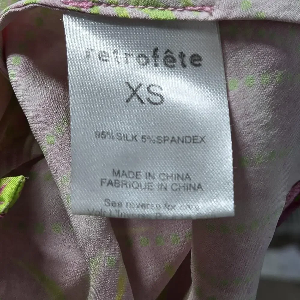 Retrofete Ariella Tropical Palm Silk Mini Dress Pink XS Cowl Neck Slip Resort